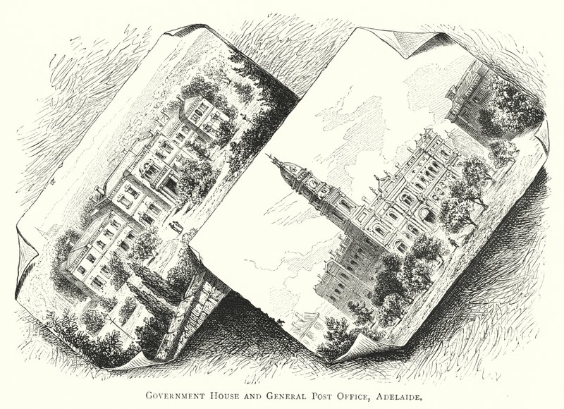 Austrália: Government House and General Post Office, Adelaide (gravura) de English School