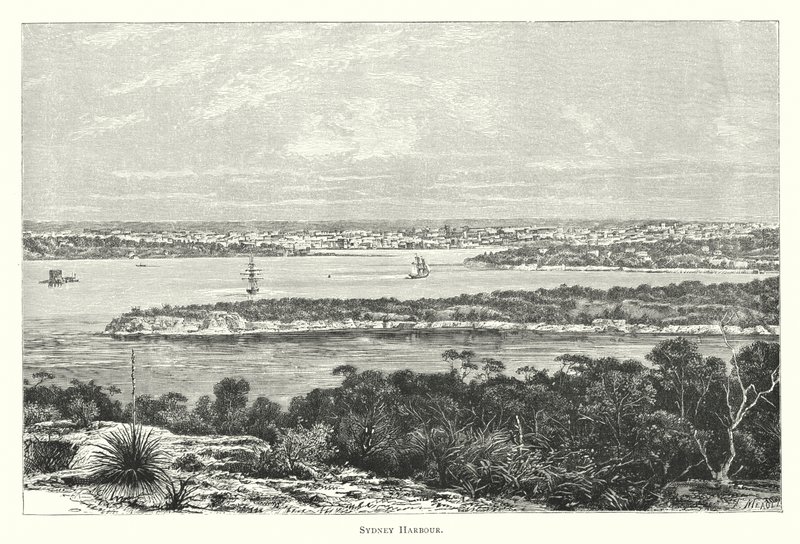 Austrália: Porto de Sydney (gravura) de English School