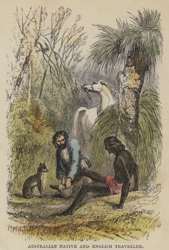 Nativo Australiano e Viajante Inglês (gravura colorida) de English School