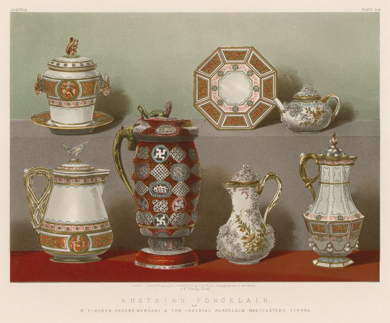 Porcelana Austríaca de M Fischer, Herend, Hungria e The Imperial Porcelain Manufactory, Viena de English School