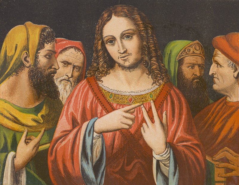Autoridade de Jesus Cristo posta em causa no Templo (litografia a cores) de English School