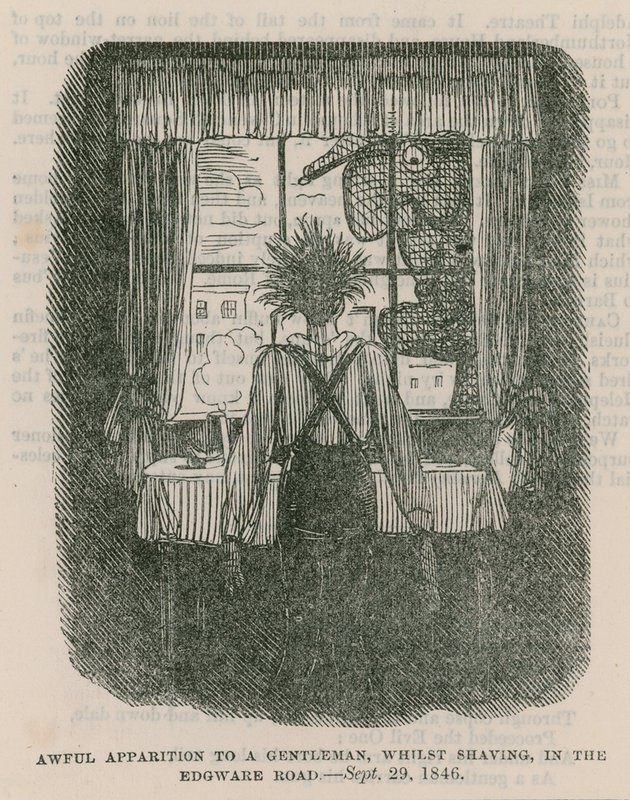 Aparição horrível a um cavalheiro, enquanto faz a barba, na Edgware Road, Londres - 30 de setembro de 1846 de English School