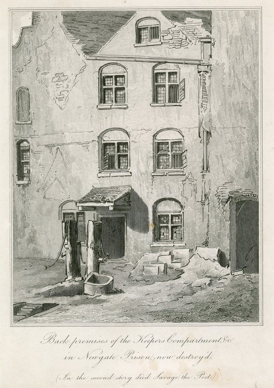 Atrás das instalações do compartimento de guardas na prisão de Newgate. No segundo conto morreu o poeta Richard Savage de English School