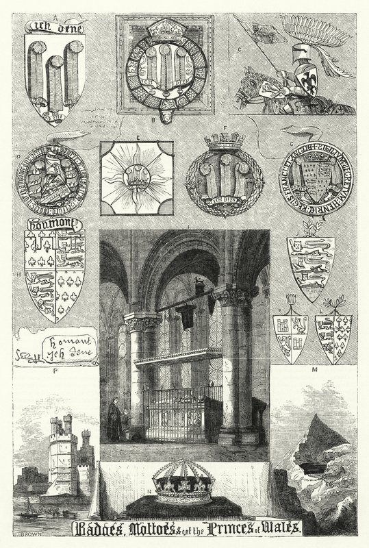 Insígnias, lemas, etc., dos Príncipes de Gales (gravura) de English School