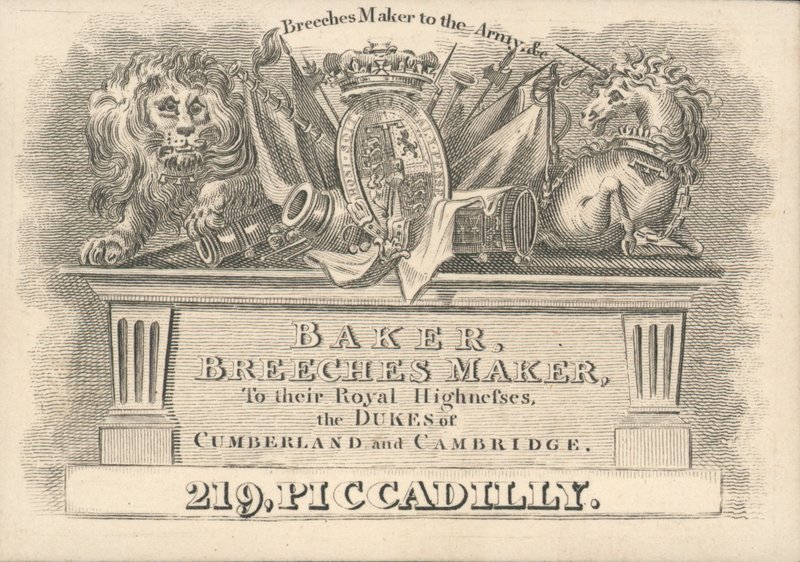 Padeiro, fabricante de culatras, 219 Piccadilly, cartão comercial de English School