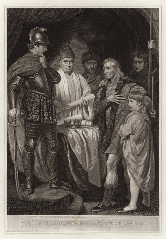 Baliol entregando sua coroa para Edward I de English School