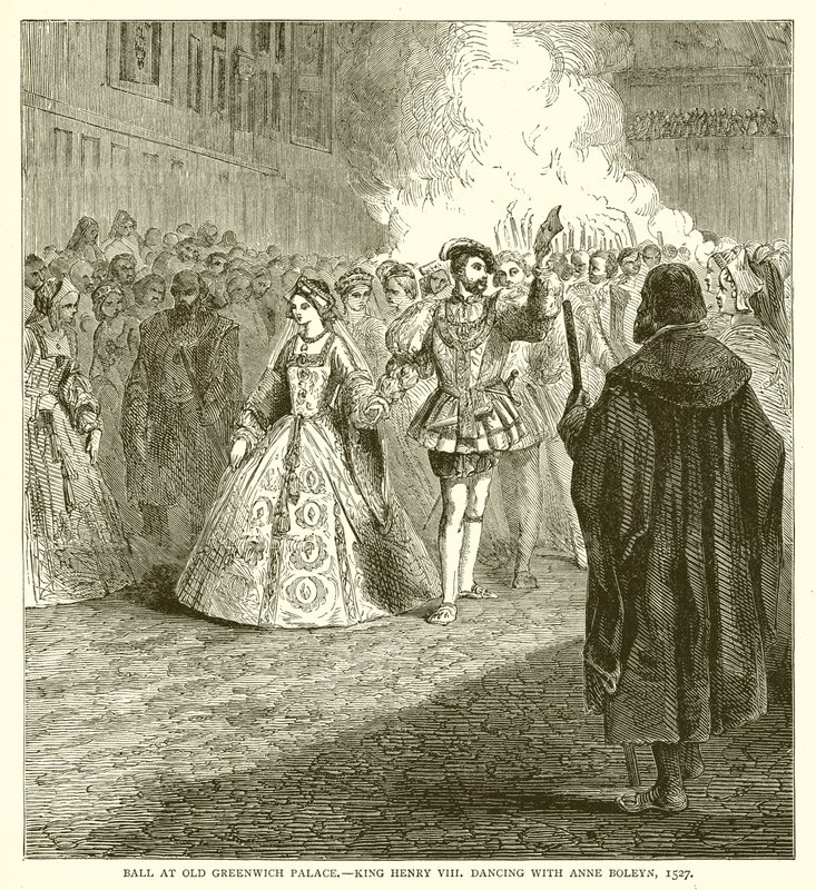 Bola no Old Greenwich Palace .-- Rei Henrique VIII dançando com Ana Bolena, 1527 de English School