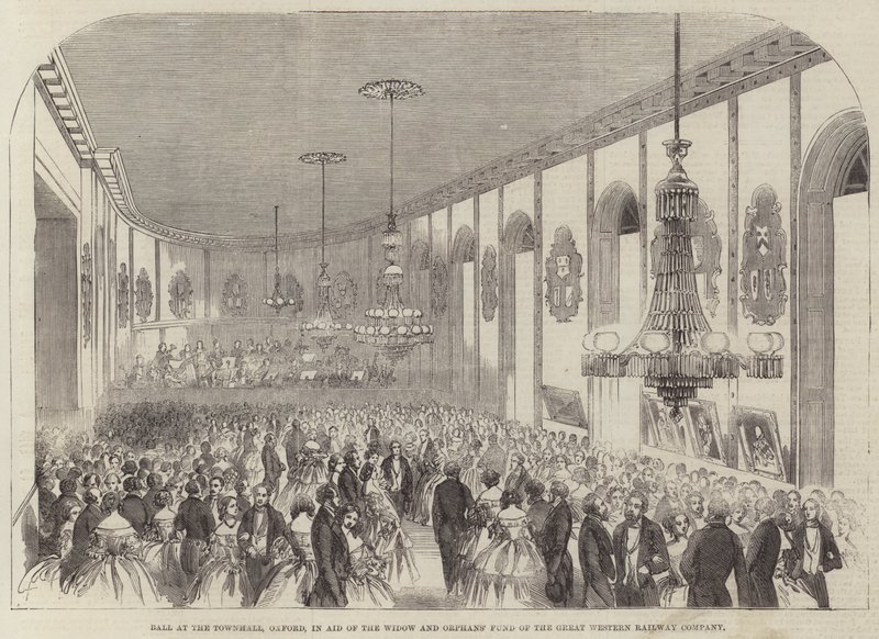 Baile no Townhall, Oxford, em Ajuda ao Fundo de Viúvas e Órfãos da Grande Companhia Ferroviária Ocidental (gravura) de English School