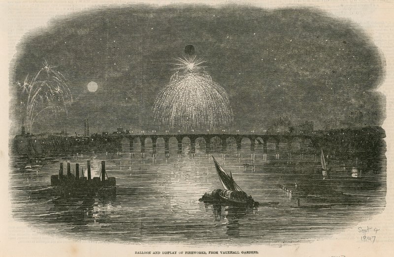 Balão e exibição de fogos de artifício, Vauxhall Gardens, Londres de English School
