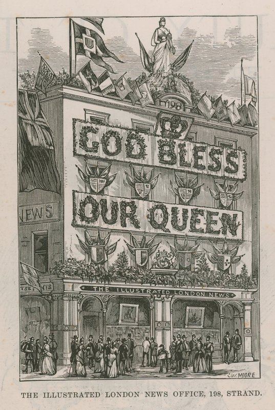 Banner adornando os escritórios de notícias ilustrados de Londres de English School