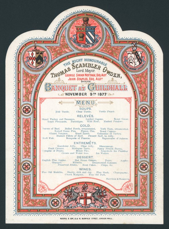 Banquete no Guildhall, 9 de novembro de 1877, cardápio de English School