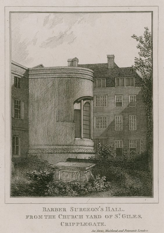 Barber Surgeons Hall, Monkwell Street, Londres, visto do pátio da igreja de St Giles, Cripplegate de English School