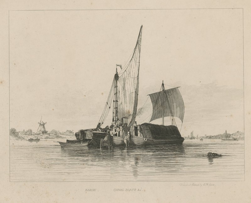 Barcaça e barcos de canal em um canal de English School