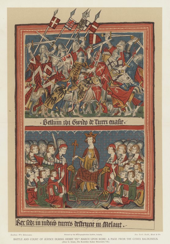 Batalha e tribunal de justiça durante a marcha de Henrique VII sobre Roma (litografia a cores) de English School
