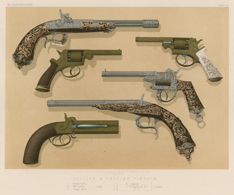 Pistolas belgas e inglesas de English School