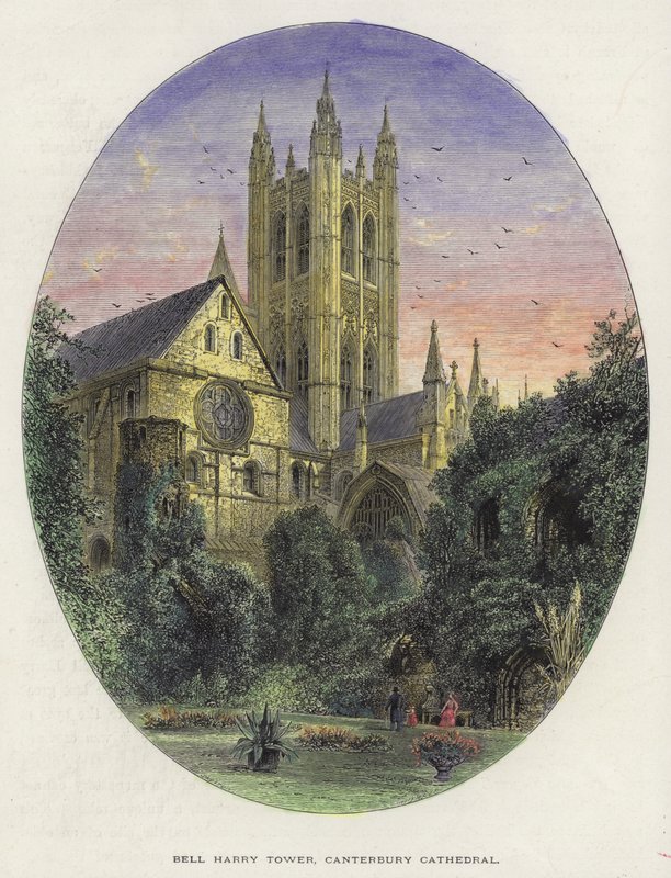 Bell Harry Tower, Canterbury Cathedral, Kent (gravura colorida) de English School