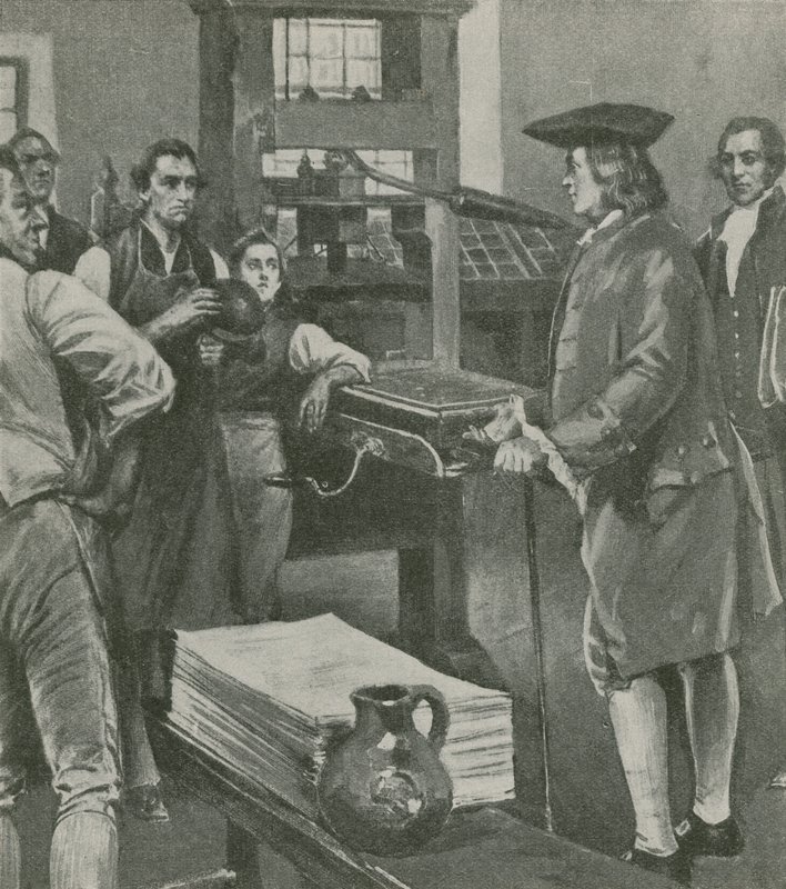 Benjamin Franklin chamando seus antigos trabalhos de impressão de mestrado em Londres de English School