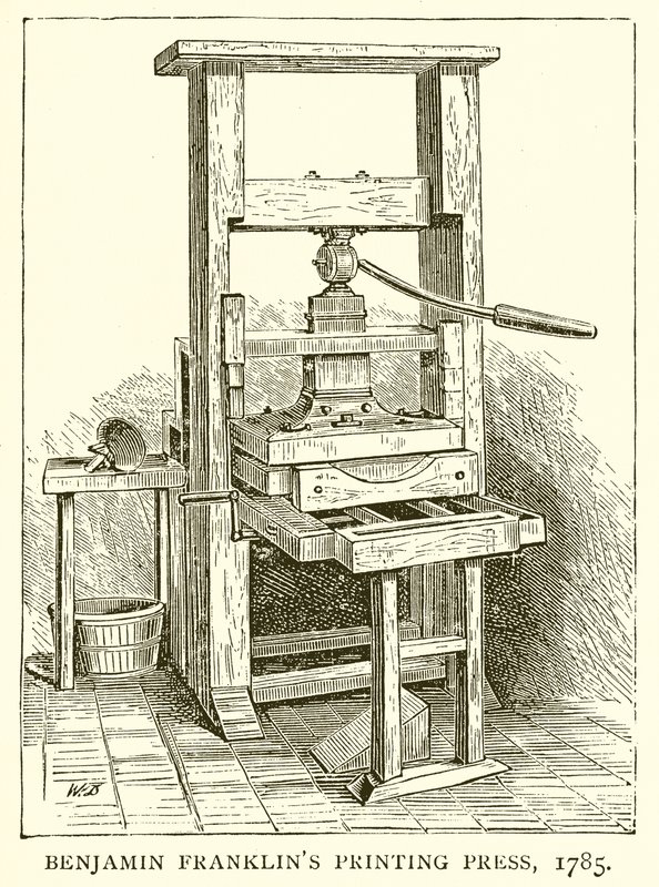 Imprensa de Benjamin Franklins, 1785 de English School