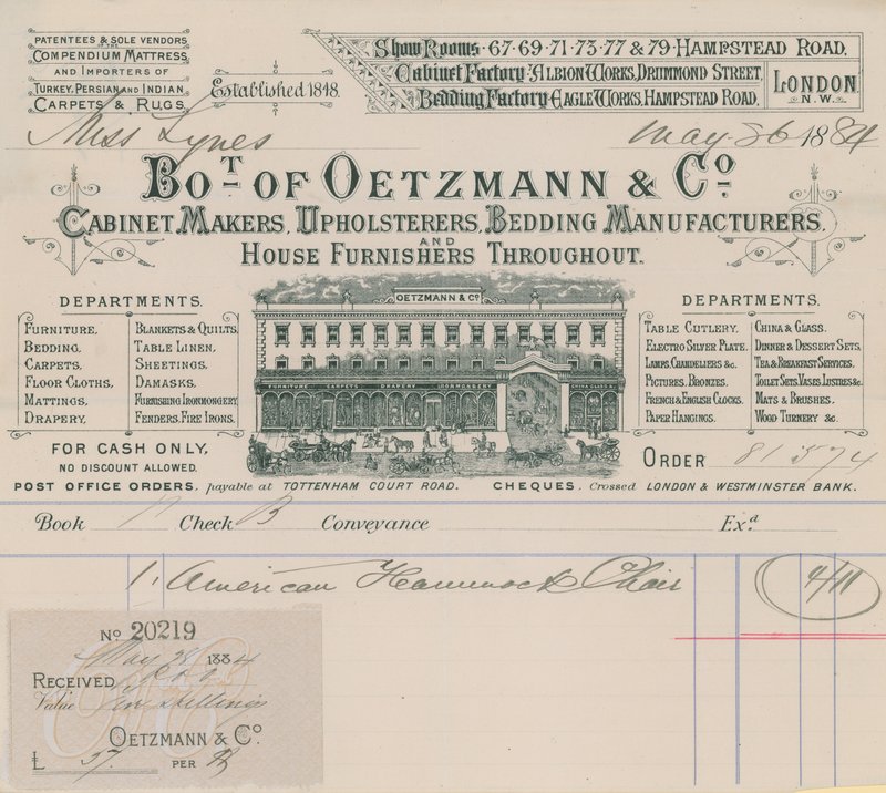 Bill da Oetzmann & Co, marceneiros, estofadores, fabricantes de roupas de cama e fornecedores de móveis de English School
