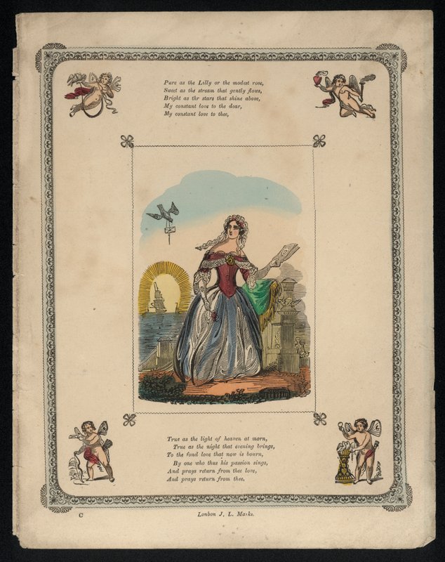 Pássaro entregando uma carta de amor a uma mulher, poema de amor (gravura colorida) de English School