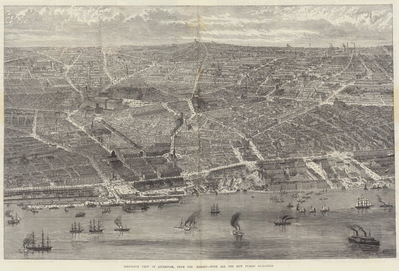 Bird&39;s-Eye View of Liverpool, do Mersey, com todos os novos edifícios públicos de English School
