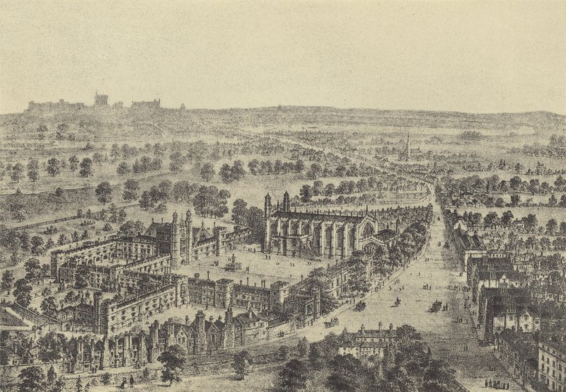 Visão de olho de pássaros de Eton e Windsor (gravura) de English School