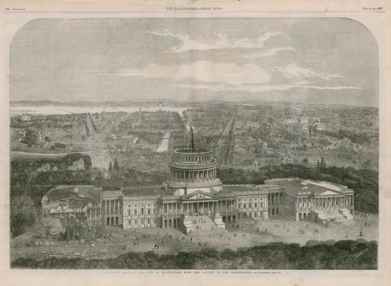 Birdseye vista da cidade de Washington, com o Capitólio em primeiro plano de English School