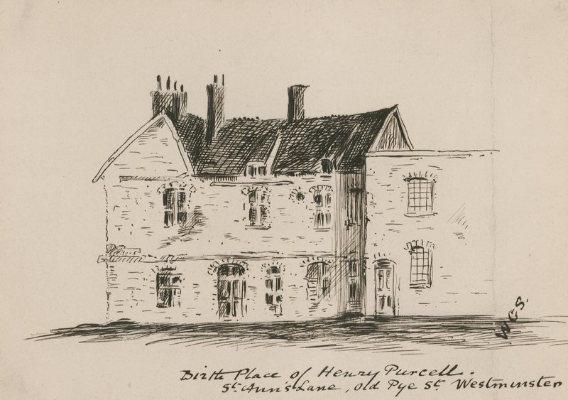 Local de nascimento de Henry Purcell, Rua St Anns, Old Pye Street, Westminster (tinta no papel) de English School