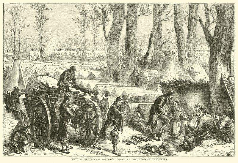 Bivaque de tropas gerais dos Ducrots no bosque de Vincennes, outubro de 1870 de English School