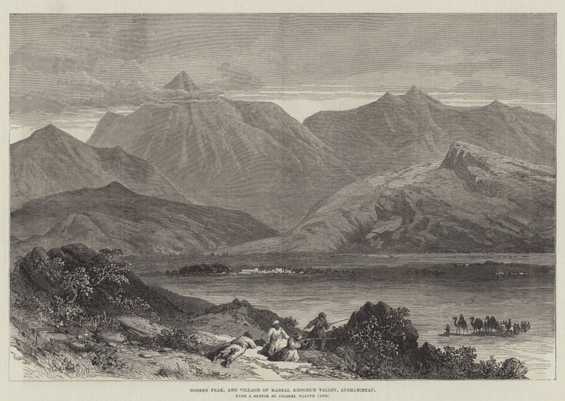 Bodeen Peak, and Village of Madzai, Khoorum Valley, Afeganistão (gravura) de English School