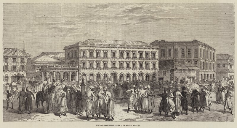 Bombaim, Banco Oriental e Mercado de Acções (gravura) de English School