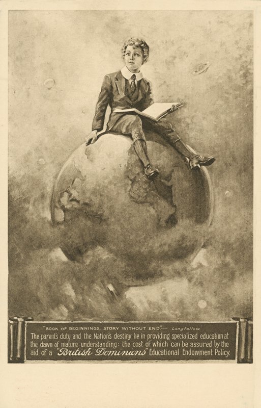 "Book of Beginnings, Story without End", anúncio para apólices de seguro educacionais da Companhia de Seguros Britânica Dominion (litho) de English School