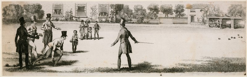 Tigelas sendo jogadas durante a Regência em um jardim de prazer não identificado de English School