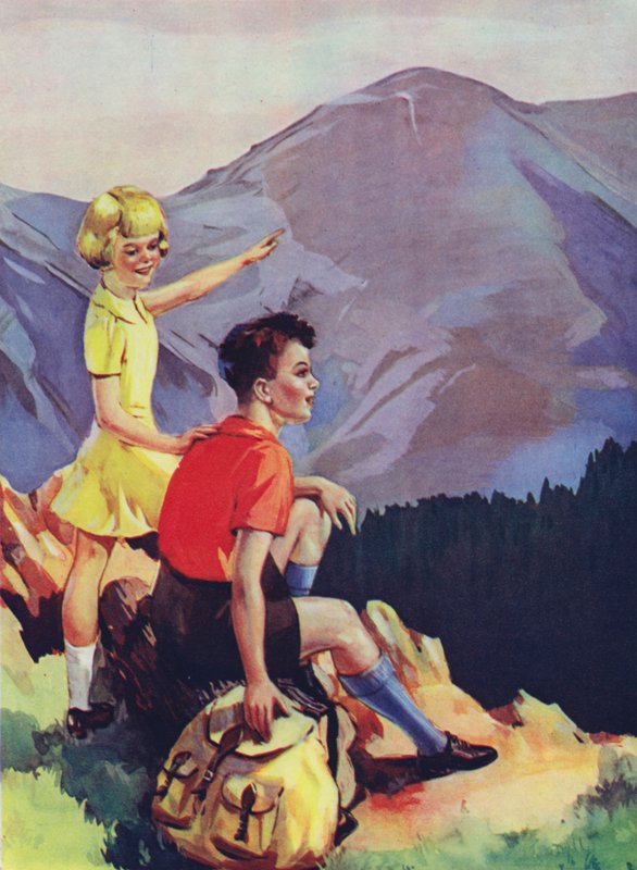 Menino e menina caminhando nas montanhas (lito colorido) de English School