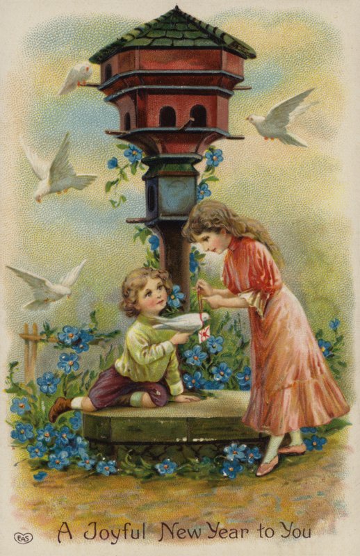 Rapaz e rapariga enviando saudações de Natal por pomba (cromolitho) de English School