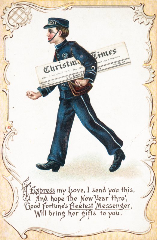 Boy delivery Christmas Times Jornal, cartão de Natal de English School