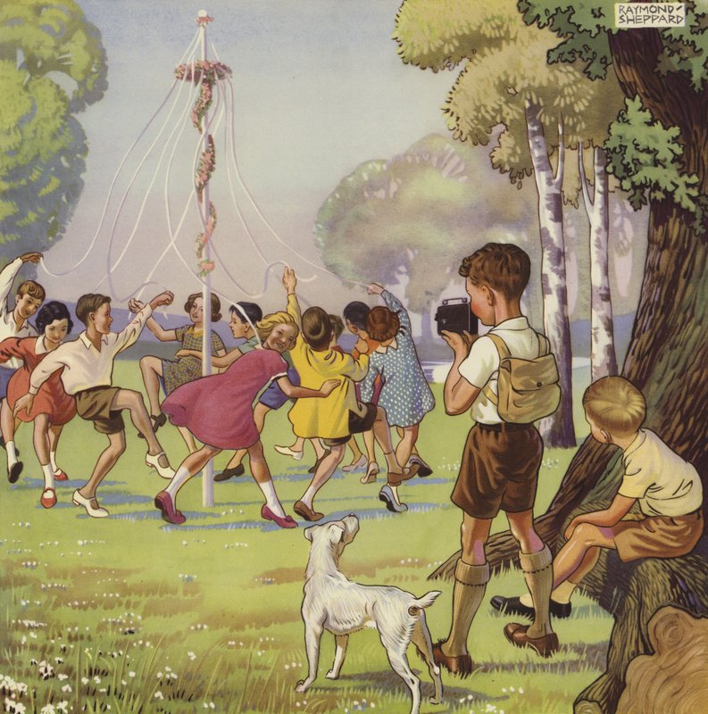 Rapaz a filmar crianças a dançar à volta de um poste de Maio (cor litho) de English School