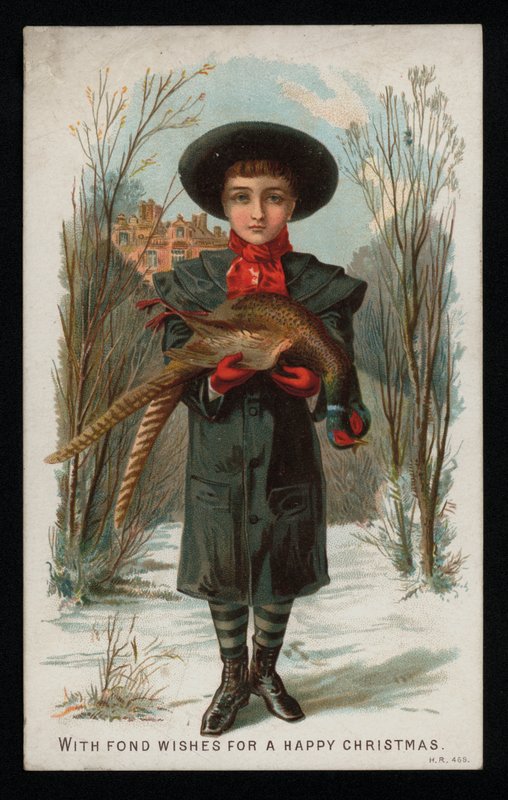 Rapaz segurando um faisão, cartão de boas festas de Natal. (chromolitho) de English School