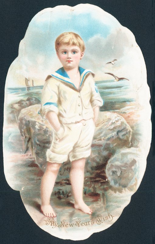 Menino, remo, mar, ano novo, cartão de English School