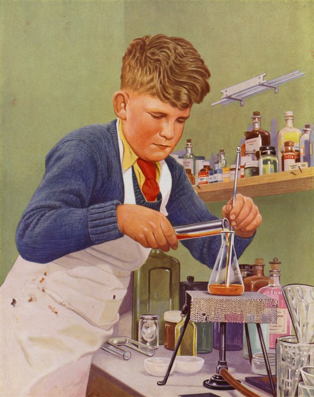 Menino realizando um experimento de química (lito colorido) de English School