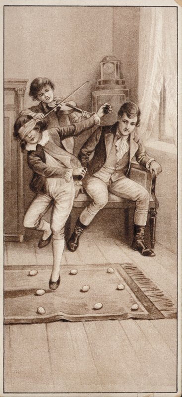 Rapaz jogando um jogo onde ele tem que tentar evitar pisar em ovos enquanto está vendado (litho) de English School
