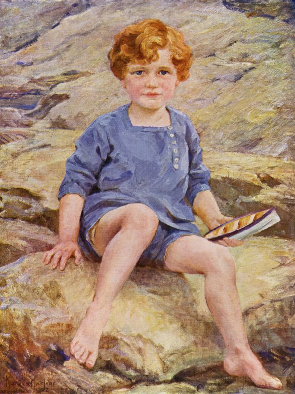 Menino brincando em piscinas de pedra com um barco de brinquedo (lito colorido) de English School