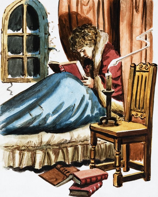 Menino, leitura, cama de English School