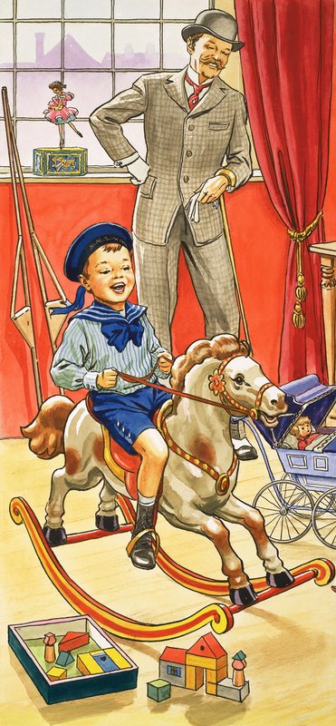 Menino, montando, um, cavalo balançando de English School