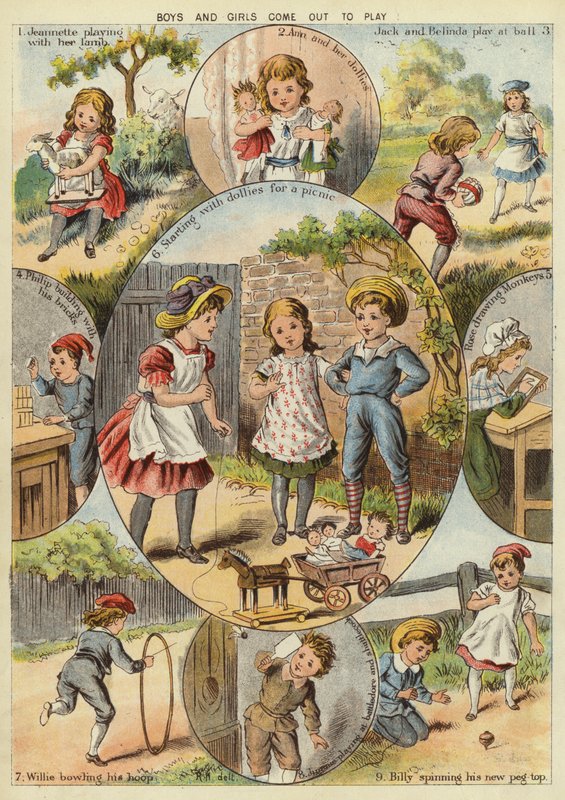 Meninos e meninas saem para brincar (chromolitho) de English School