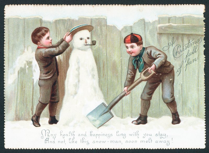 Meninos, predios, boneco neve, natal, cartão de English School