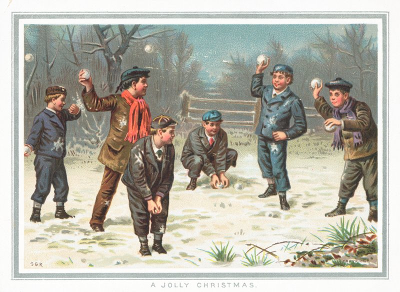 Meninos que têm uma luta de bolas de neve, cartão de natal de English School