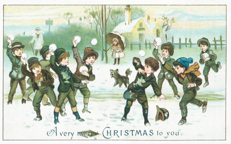 Meninos que têm uma luta de bolas de neve, cartão de natal de English School