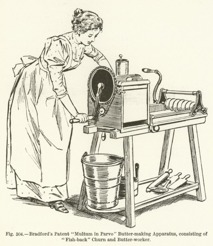 Bradfords Patent Multum no Parvo Butter-making Apparatus, consistindo em Fish-back Churn e Butter-worker de English School