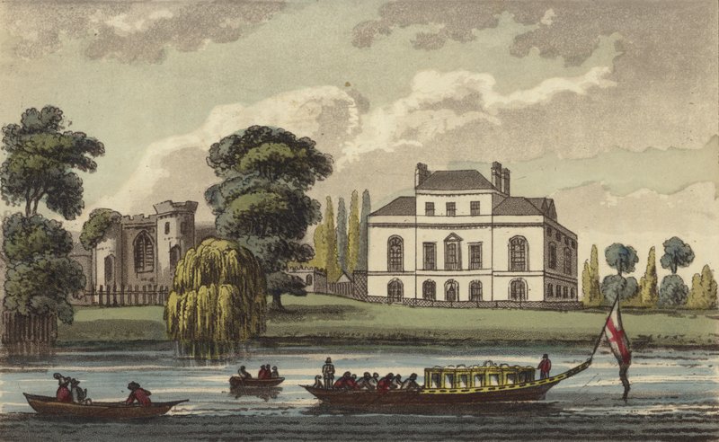 Brandenburg House, Hammersmith, Londres, casa de Caroline de Brunswick, rainha do Reino Unido e esposa separada do rei George IV (gravura colorida) de English School